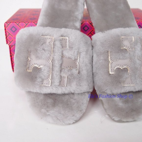 NIB Tory Burch Double T Shearling Slide Sandal GRAY HERON 6.5 7 7.5 8 AUTHENTIC - Picture 8 of 16